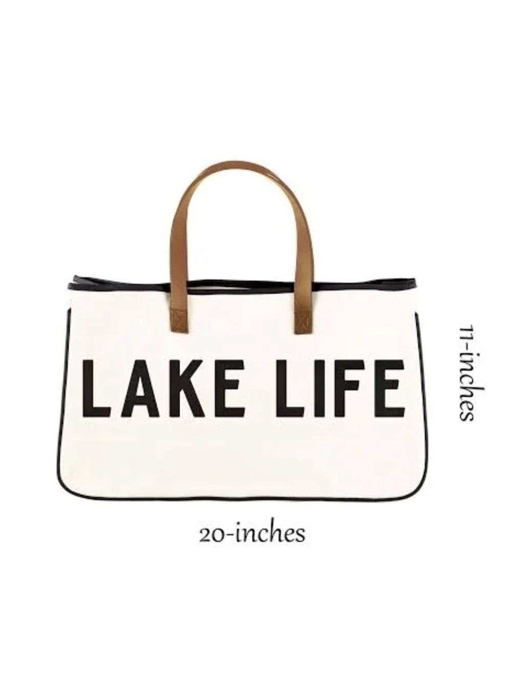 Large White Canvas 'Lake Life' Tote Bag with Tan PU Leather Handles - Picture 3 of 4
